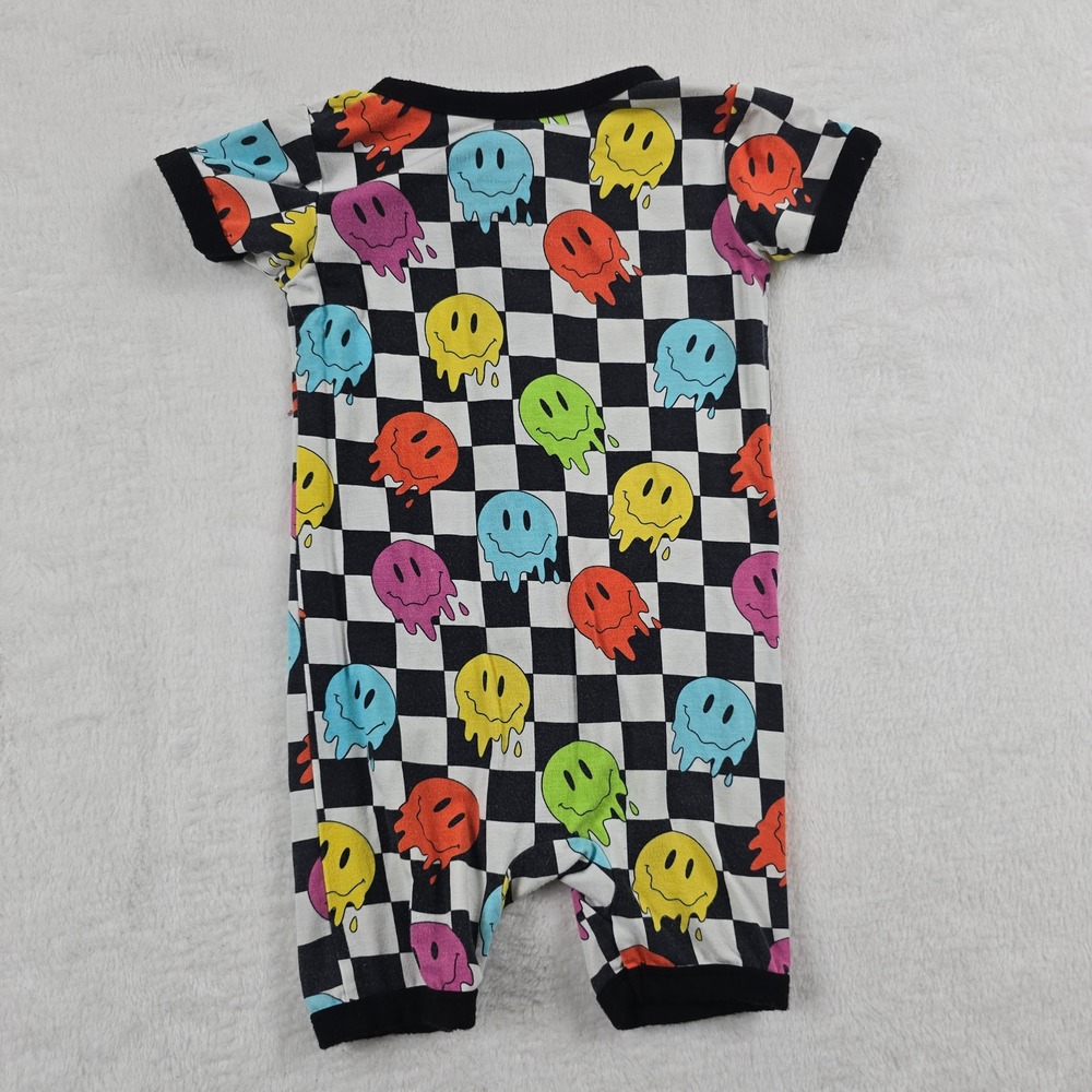 Crew + Company Baby Bamboo Romper 6-12M Checkered Melting Smiley Face Zip Shorty - Picture 5 of 5